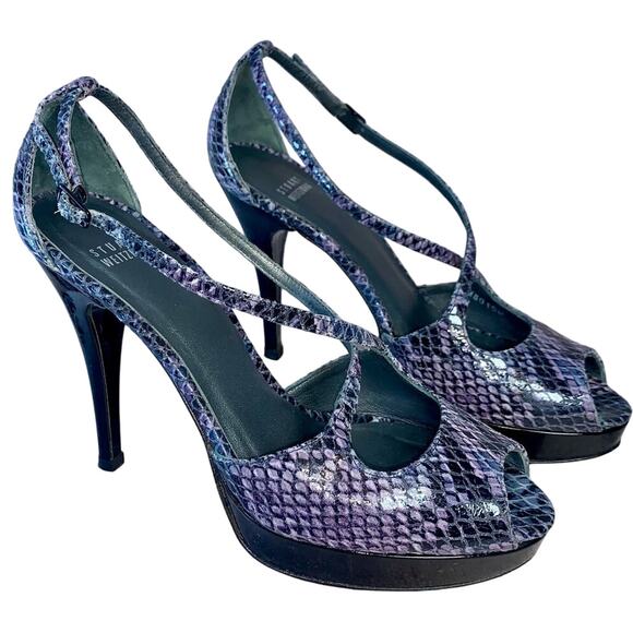 Stuart Weitzman Purple Snake Peep Toe Heels Size 8 2010s Pumps - Picture 2 of 10